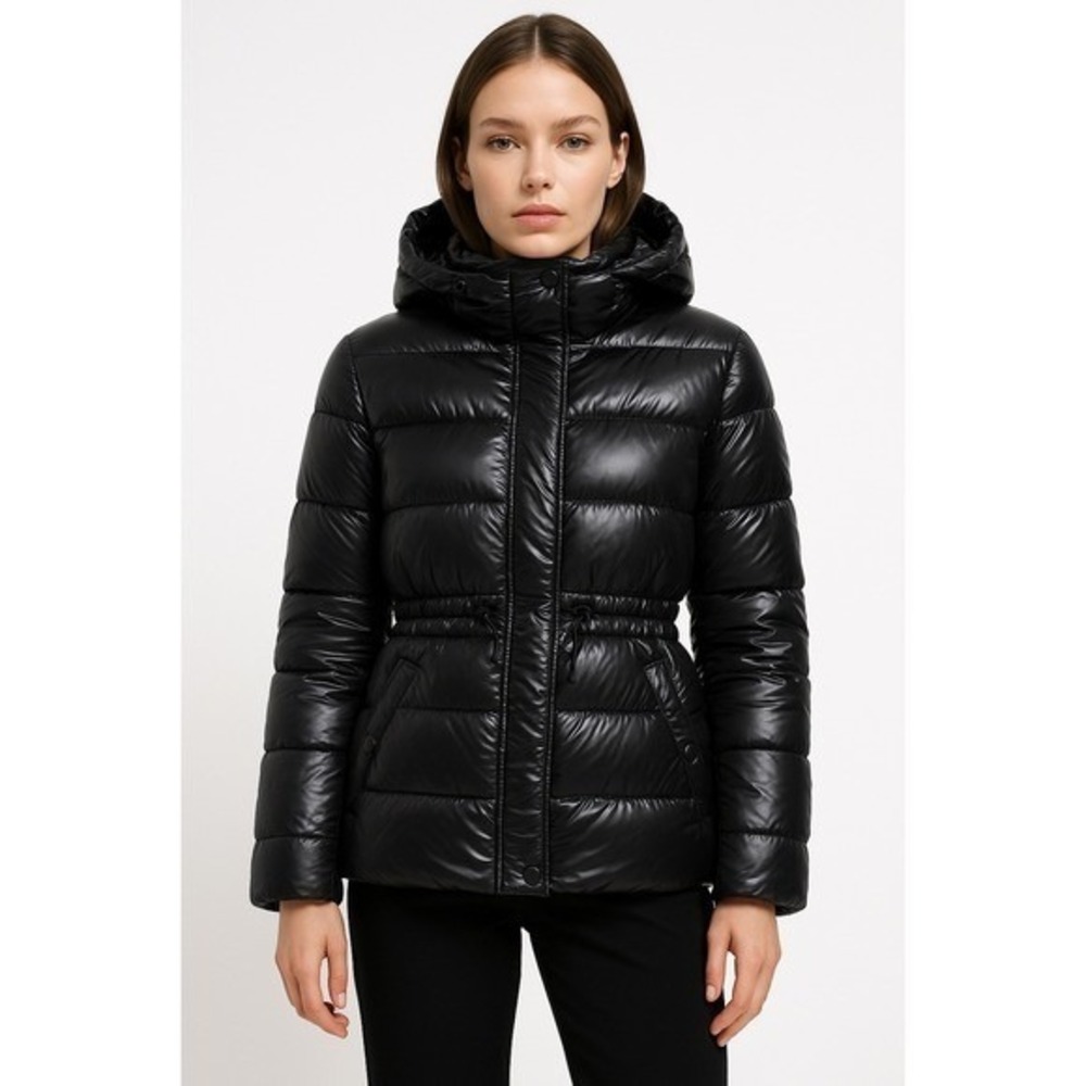 Zara Woman Down Jacket Puffer Coat Black Hooded Drawstring Waist Pockets
Size S